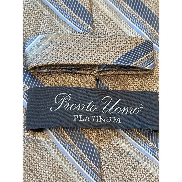 Pronto Uomo Platinum Tan Blue Hand Made 100% Silk Men’s Neck Tie Made In China - Picture 8 of 9